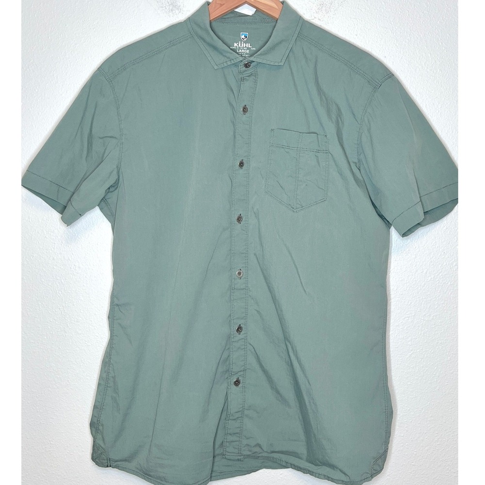 Kuhl Mens Large Sage Green Stretch Cotton Short Sleeve Button Up Hiking Shirt